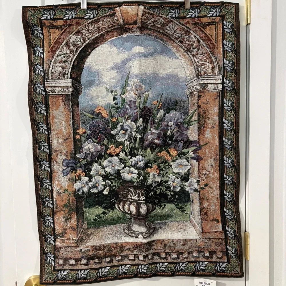 Sea Gull Floral Tapestry Wall Hanging Iris Flower Urn Archway Woven Art 34x26